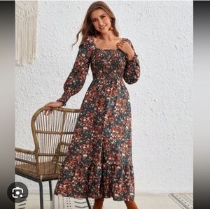 Red and Pink Square Neck Bishop Sleeve Sundress